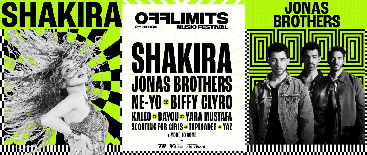 Афиша OFFLIMITS Music Festival - Shakira, Jonas Brothers 21 ноября 2026 года, Etihad Park, остров Яс, Абу-Даби.