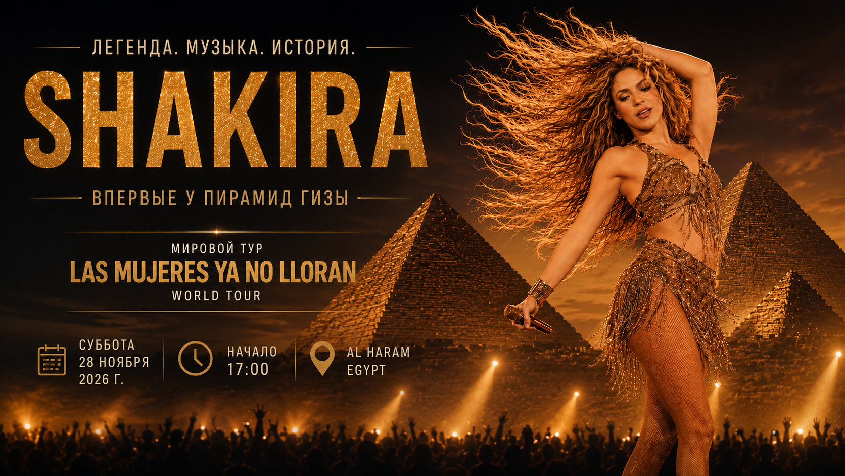 Афиша Египет 2026 - 28 ноября 2026 года Shakira выступит у пирамид Гизы в рамках своего мирового тура Las Mujeres Ya No Lloran World Tour