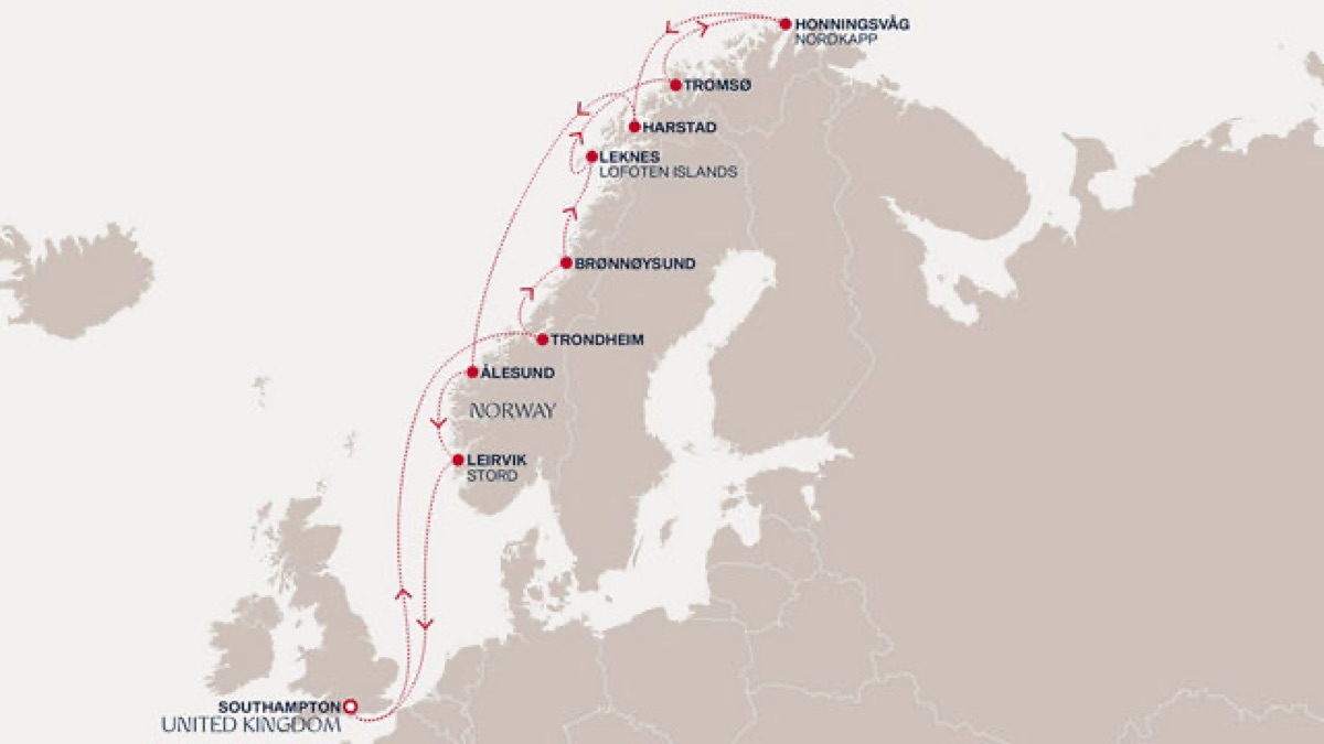 Карта маршрута: Круиз Explora Journeys: Саутгемптон — Саутгемптон, 13 ночей