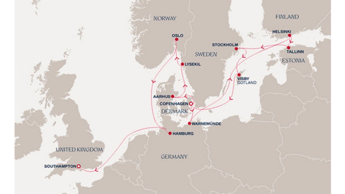 Карта маршрута: Круиз Explora Journeys: Копенгаген — Саутгемптон, 14 ночей