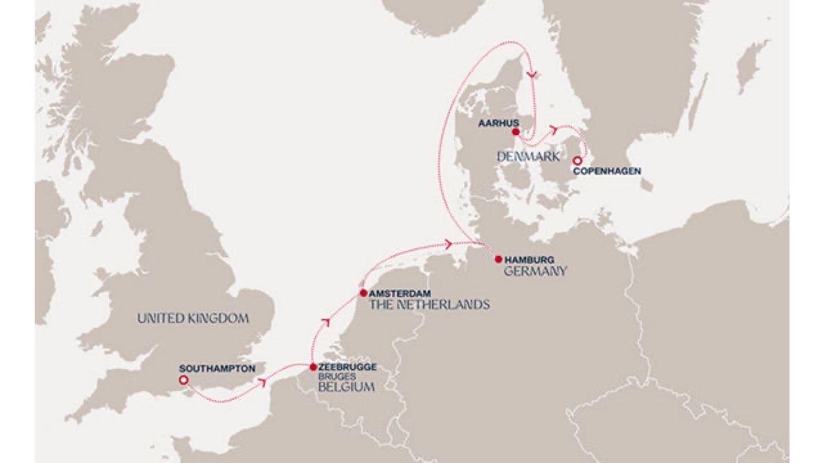 Карта маршрута: Круиз Explora Journeys: Саутгемптон — Копенгаген, 7 ночей